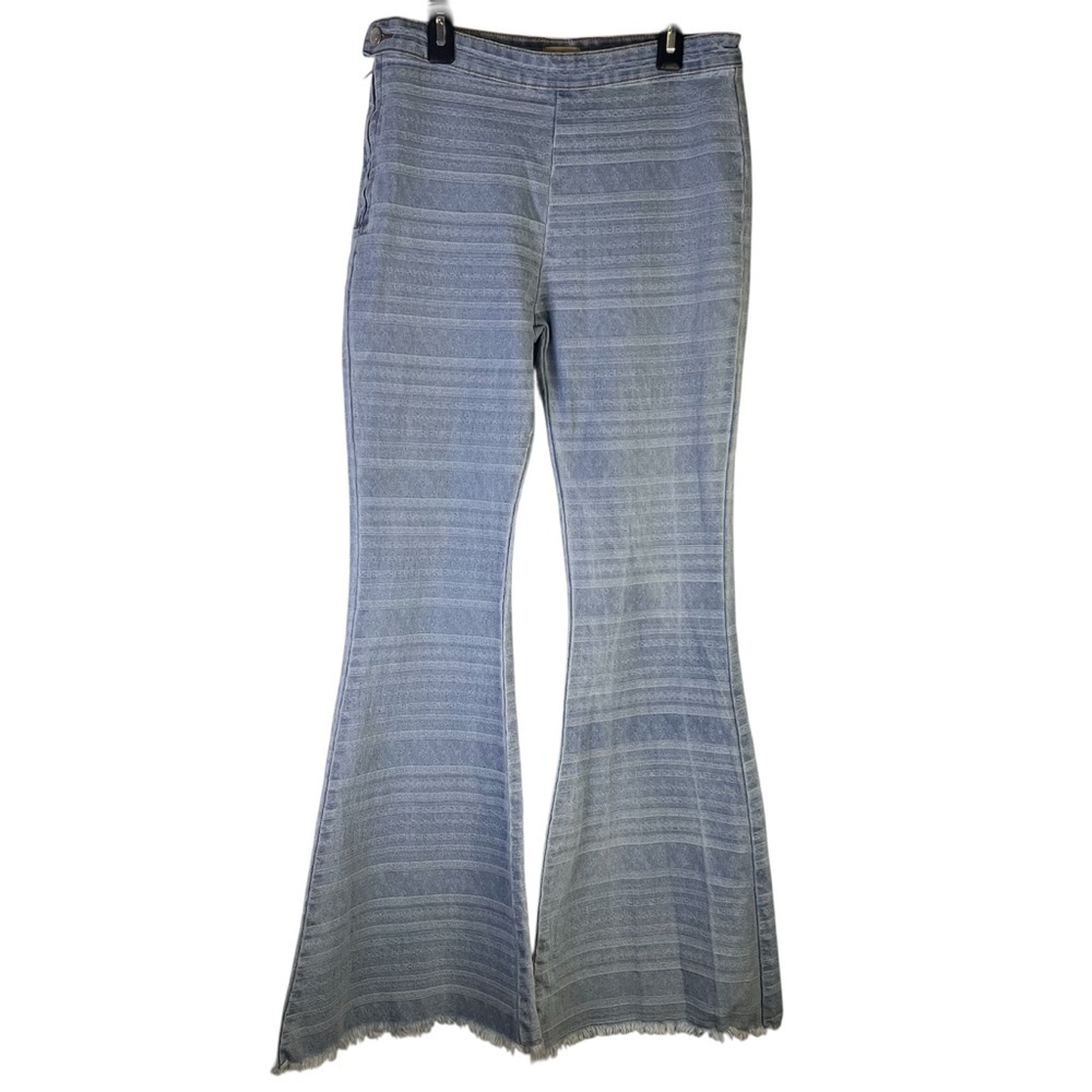 POL Jeans Womens L Bell Bottom Raw Hem Stripe Side Zip Boho Hippie Festival
